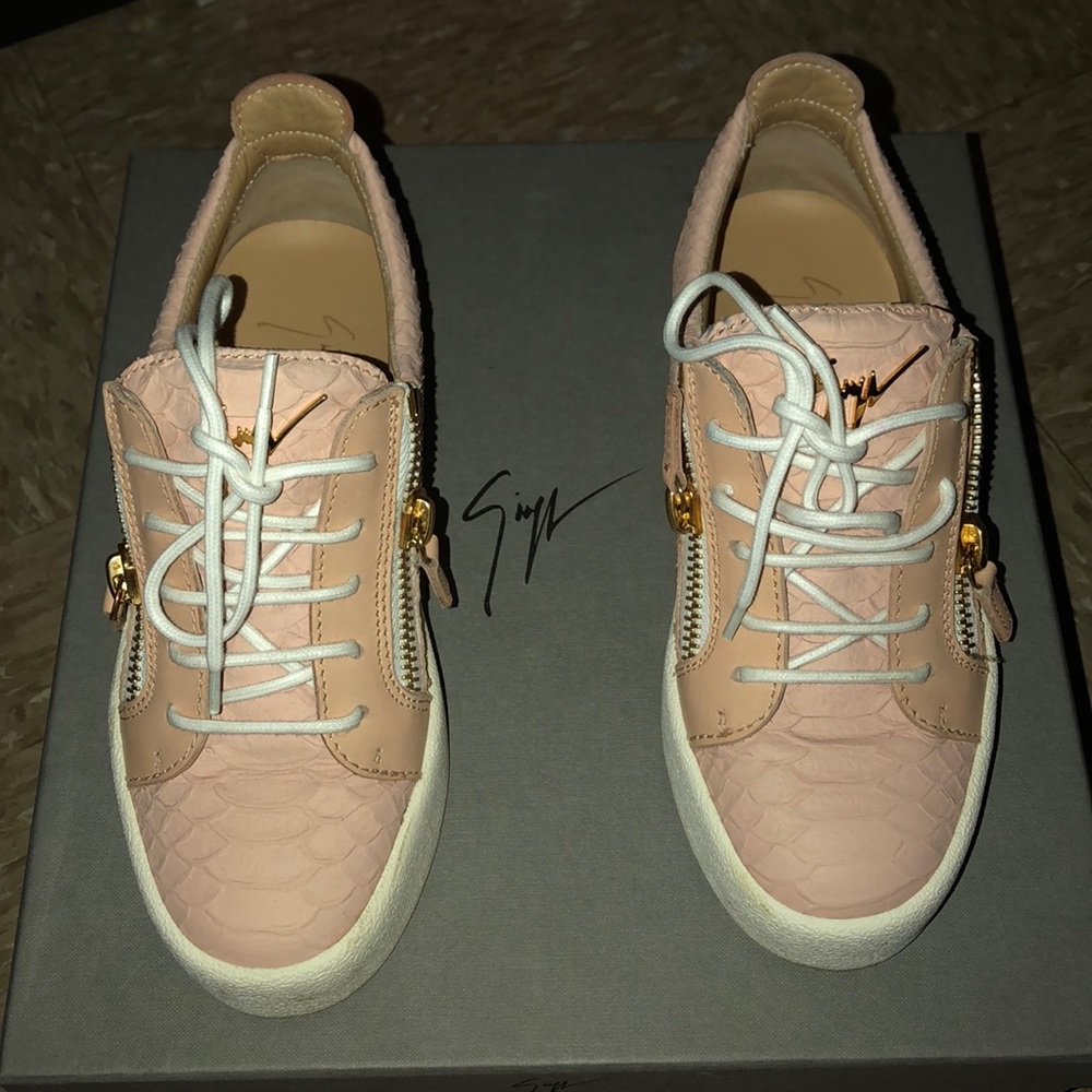 Pink Python-Embossed London Sneakers.